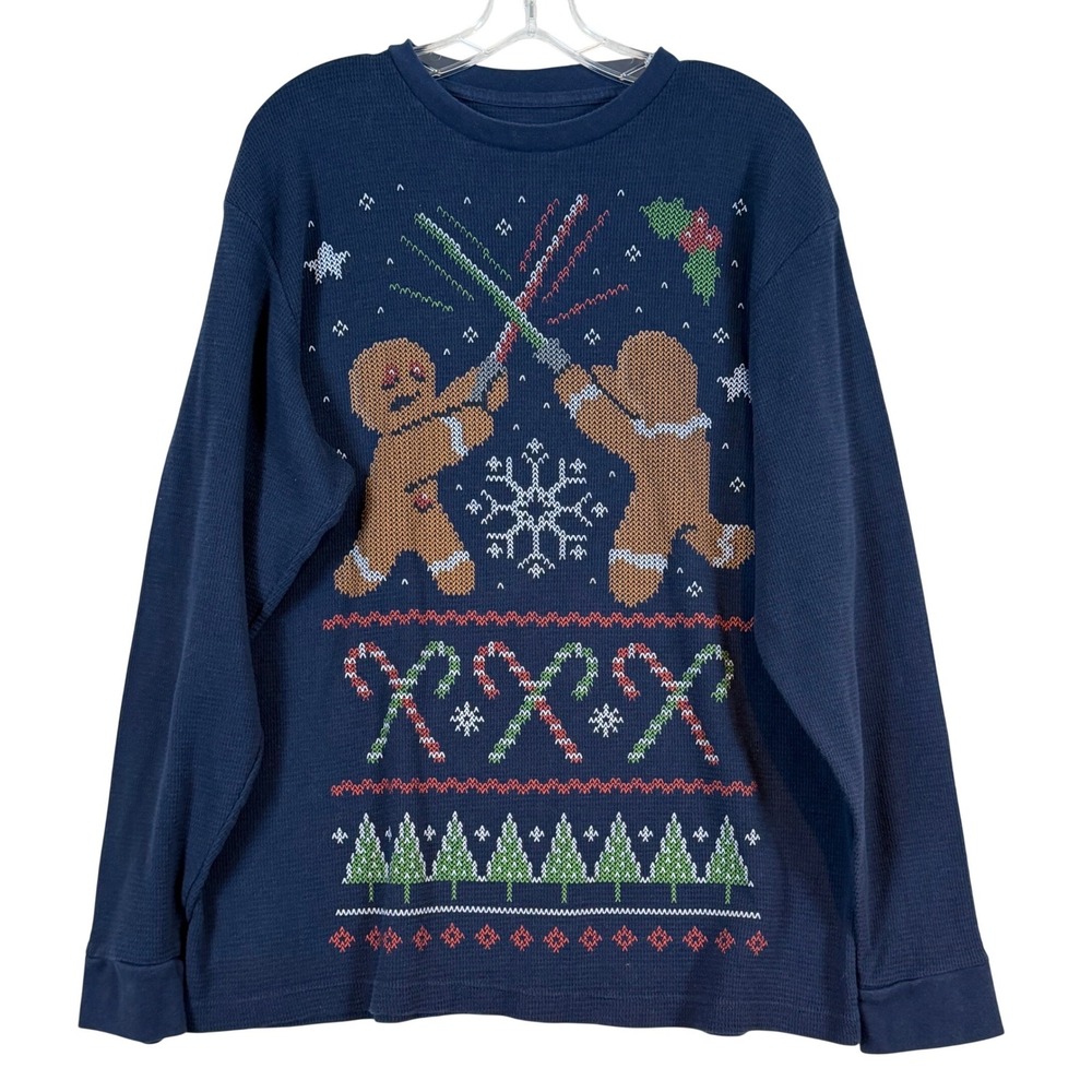 Dec 25th Mens XL Navy Waffle Thermal Gingerbread Lightsaber Ugly Christmas Shirt